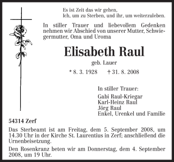 Traueranzeige von Elisabeth Raul von TRIERISCHER VOLKSFREUND