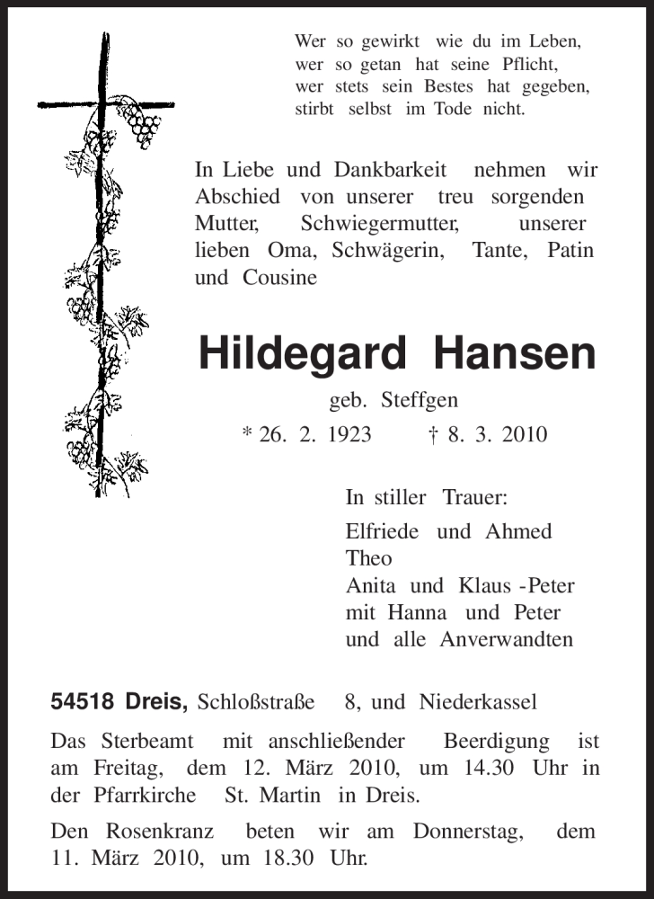  Traueranzeige für Hildegard Hansen vom 10.03.2010 aus TRIERISCHER VOLKSFREUND