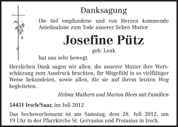 Traueranzeige von Josefine Pütz von TRIERISCHER VOLKSFREUND