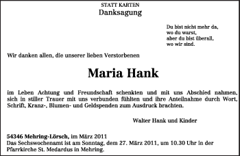 Traueranzeige von Maria Hank von TRIERISCHER VOLKSFREUND