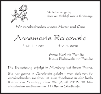 Traueranzeige von Annemarie Rakowski von TRIERISCHER VOLKSFREUND