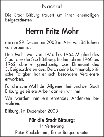 Traueranzeige von Fritz Mohr von TRIERISCHER VOLKSFREUND