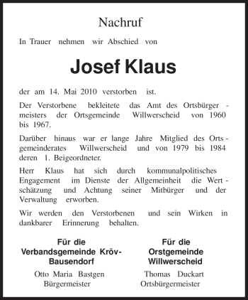 Traueranzeige von Josef Klaus von TRIERISCHER VOLKSFREUND