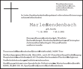 Traueranzeige von Marlen Rendenbach von TRIERISCHER VOLKSFREUND