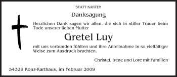 Traueranzeige von Gretel Luy von TRIERISCHER VOLKSFREUND