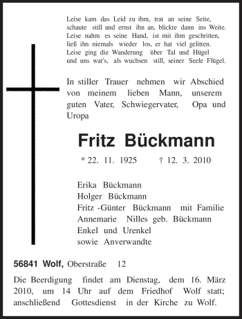 Traueranzeige von Fritz Bückmann von TRIERISCHER VOLKSFREUND