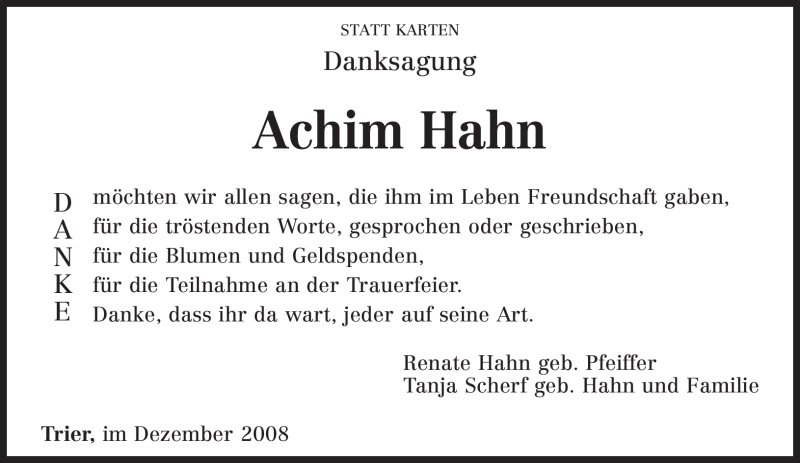  Traueranzeige für Achim Hahn vom 06.12.2008 aus TRIERISCHER VOLKSFREUND