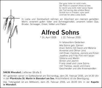 Traueranzeige von Alfred Sohns von trierischer_volksfreund