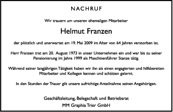 Traueranzeige von Helmut Franzen von TRIERISCHER VOLKSFREUND