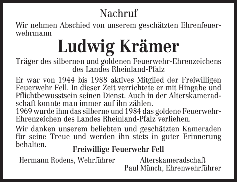  Traueranzeige für Ludwig Krämer vom 04.03.2009 aus TRIERISCHER VOLKSFREUND
