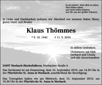 Traueranzeige von Klaus Thömmes von TRIERISCHER VOLKSFREUND