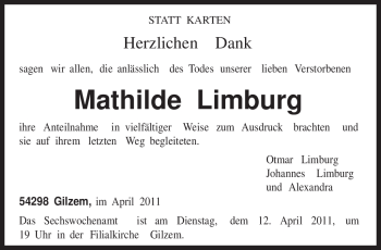 Traueranzeige von Mathilde Limburg von TRIERISCHER VOLKSFREUND