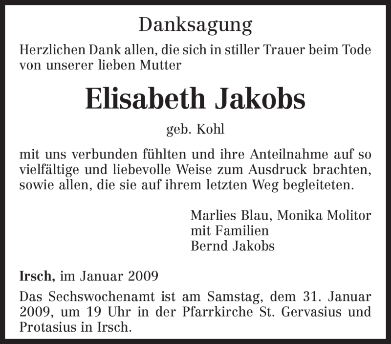  Traueranzeige für Elisabeth Jakobs vom 24.01.2009 aus TRIERISCHER VOLKSFREUND