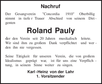 Traueranzeige von Roland Pauly von TRIERISCHER VOLKSFREUND