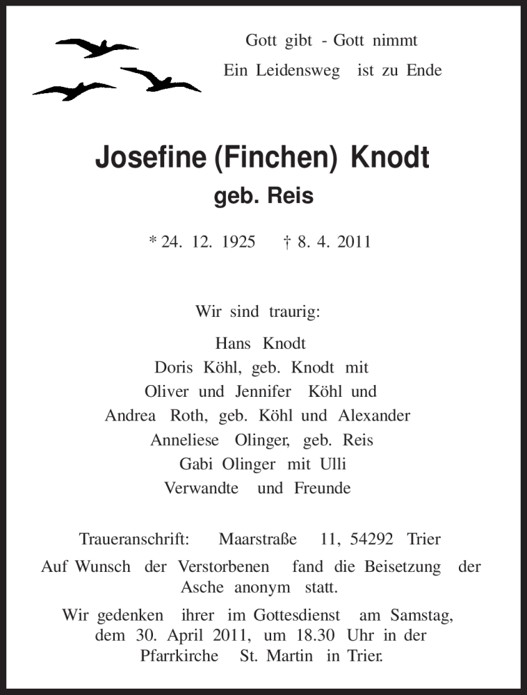  Traueranzeige für Josefine Knodt vom 26.04.2011 aus TRIERISCHER VOLKSFREUND