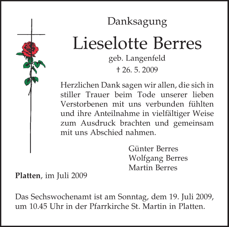  Traueranzeige für Lieselotte Berres vom 11.07.2009 aus TRIERISCHER VOLKSFREUND