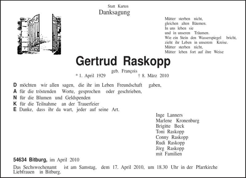  Traueranzeige für Gertrud Raskopp vom 10.04.2010 aus TRIERISCHER VOLKSFREUND