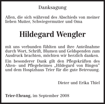 Traueranzeige von Hildegard Wengler von TRIERISCHER VOLKSFREUND