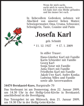Traueranzeige von Josefa Karl von TRIERISCHER VOLKSFREUND