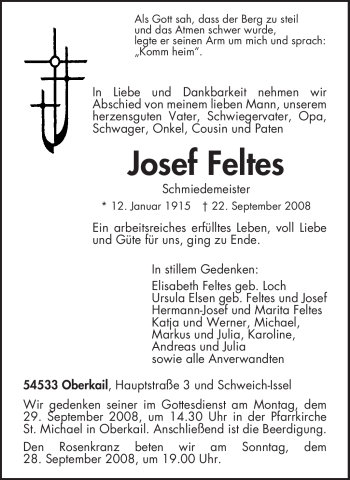 Traueranzeige von Josef Feltes von TRIERISCHER VOLKSFREUND