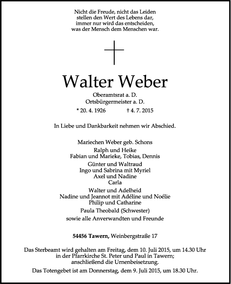  Traueranzeige für Walter Weber vom 07.07.2015 aus trierischer_volksfreund