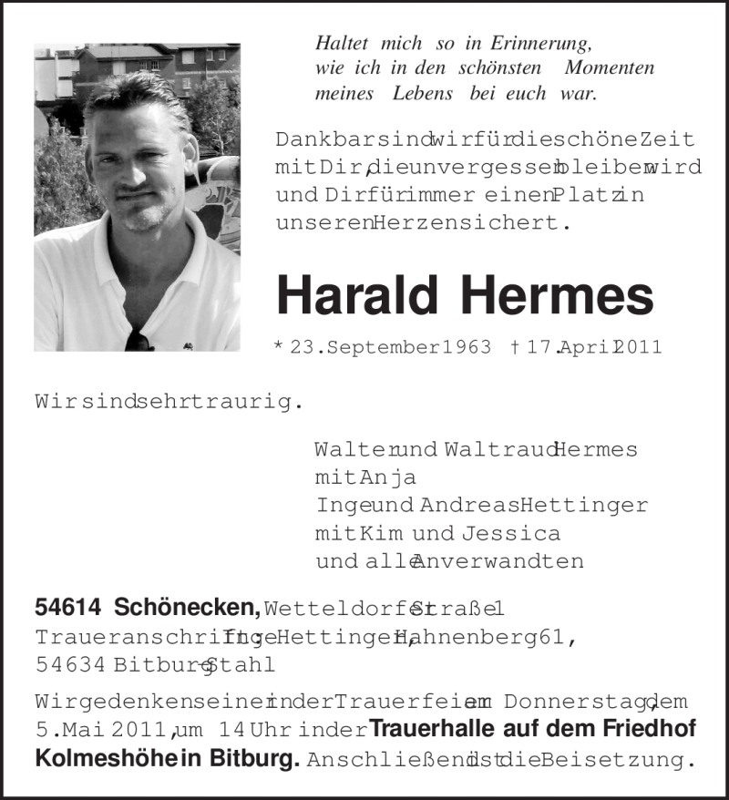  Traueranzeige für Harald Hermes vom 23.04.2011 aus TRIERISCHER VOLKSFREUND