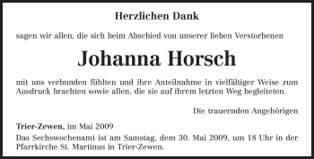Traueranzeige von Johanna Horsch von TRIERISCHER VOLKSFREUND