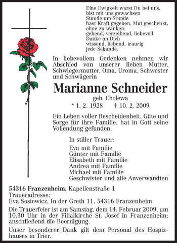Traueranzeige von Marianne Schneider von TRIERISCHER VOLKSFREUND