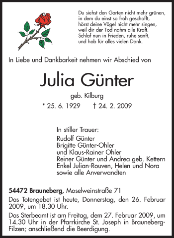 Traueranzeige von Julia Günter von TRIERISCHER VOLKSFREUND