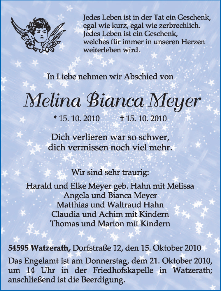  Traueranzeige für Melina Bianca Meyer vom 18.10.2010 aus TRIERISCHER VOLKSFREUND