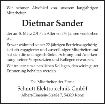 Traueranzeige von Dietmar Sander von TRIERISCHER VOLKSFREUND