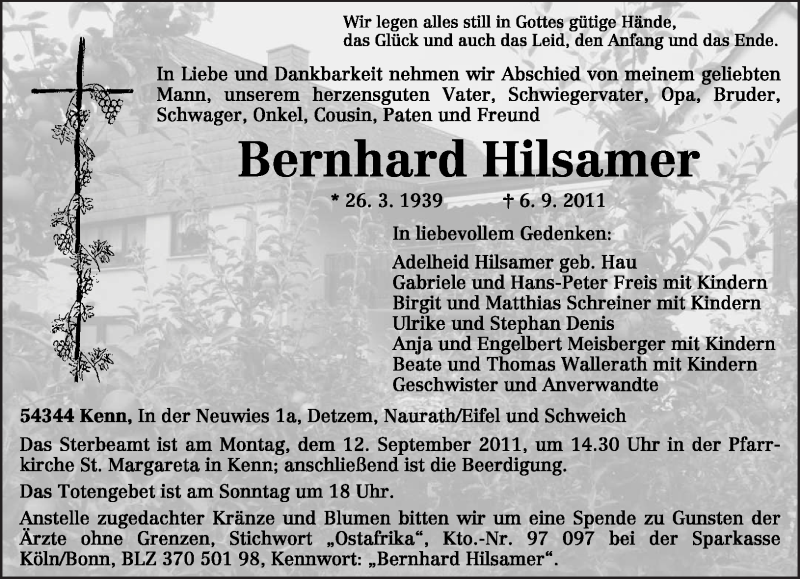  Traueranzeige für Bernhard Hilsamer vom 09.09.2011 aus TRIERISCHER VOLKSFREUND