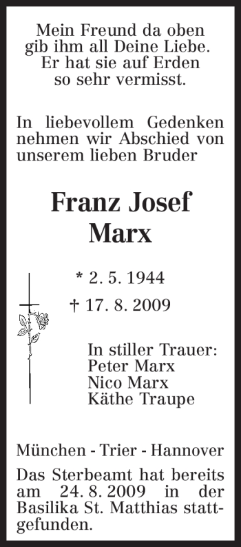 Traueranzeige von Franz Josef Marx von TRIERISCHER VOLKSFREUND