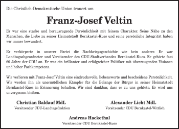 Traueranzeige von Franz-Josef Veltin von TRIERISCHER VOLKSFREUND