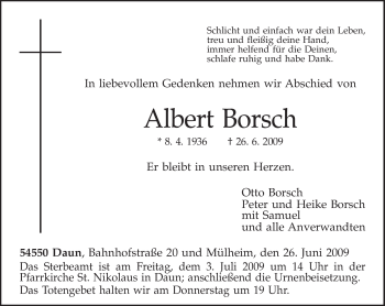 Traueranzeige von Albert Borsch von TRIERISCHER VOLKSFREUND