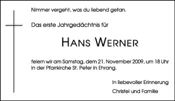 Traueranzeige von Hans Werner von TRIERISCHER VOLKSFREUND