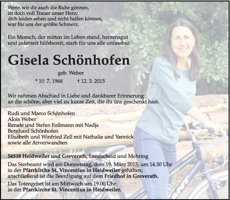  Traueranzeige für Gisela Schönhofen vom 16.03.2015 aus trierischer_volksfreund