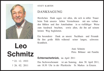 Traueranzeige von Leo Schmitz von TRIERISCHER VOLKSFREUND