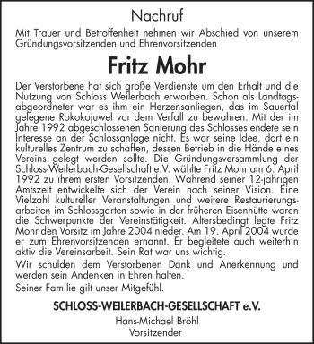 Traueranzeige von Fritz Mohr von TRIERISCHER VOLKSFREUND