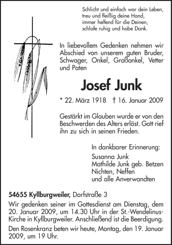 Traueranzeige von Josef Junk von TRIERISCHER VOLKSFREUND