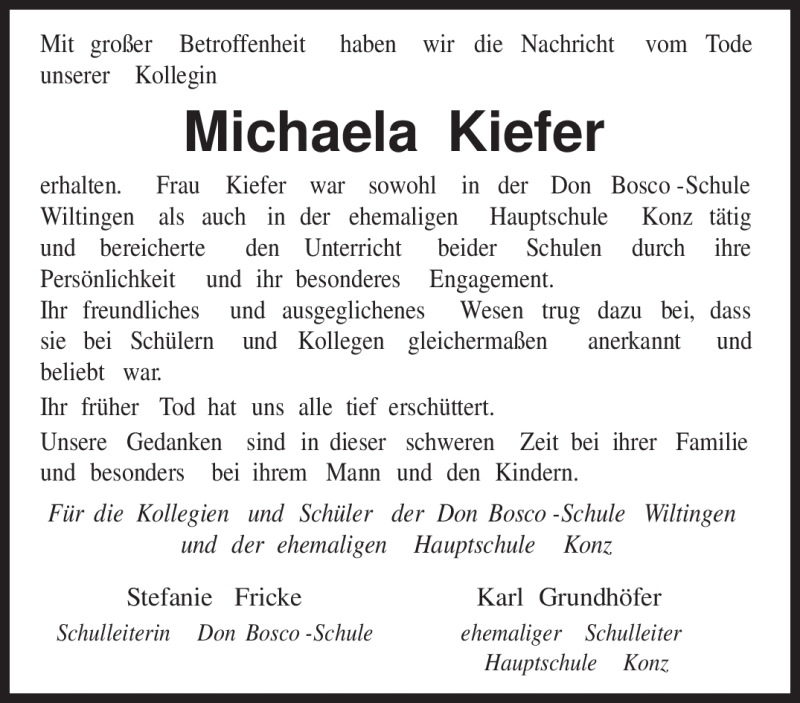  Traueranzeige für Michaela Kiefer vom 14.08.2010 aus TRIERISCHER VOLKSFREUND