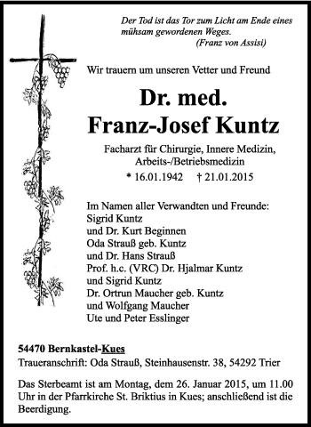 Traueranzeige von Franz-Josef Kuntz von trierischer_volksfreund