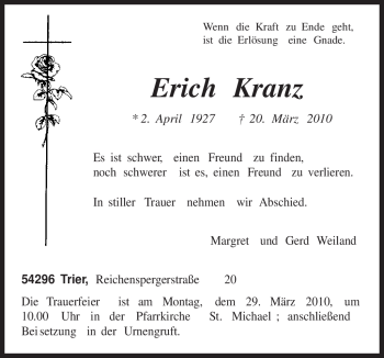 Traueranzeige von Erich Kranz von TRIERISCHER VOLKSFREUND