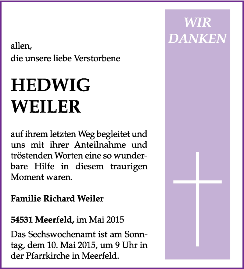  Traueranzeige für Hedwig Weiler vom 04.05.2015 aus trierischer_volksfreund