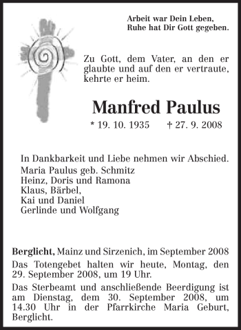 Traueranzeige von Manfred Paulus von TRIERISCHER VOLKSFREUND