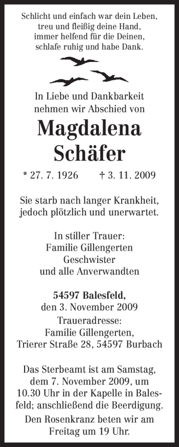 Traueranzeige von Magdalena Schäfer von TRIERISCHER VOLKSFREUND