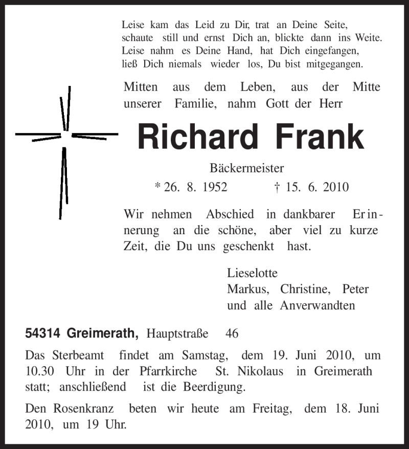  Traueranzeige für Richard Frank vom 18.06.2010 aus TRIERISCHER VOLKSFREUND