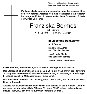 Traueranzeige von Franziska Bermes von TRIERISCHER VOLKSFREUND