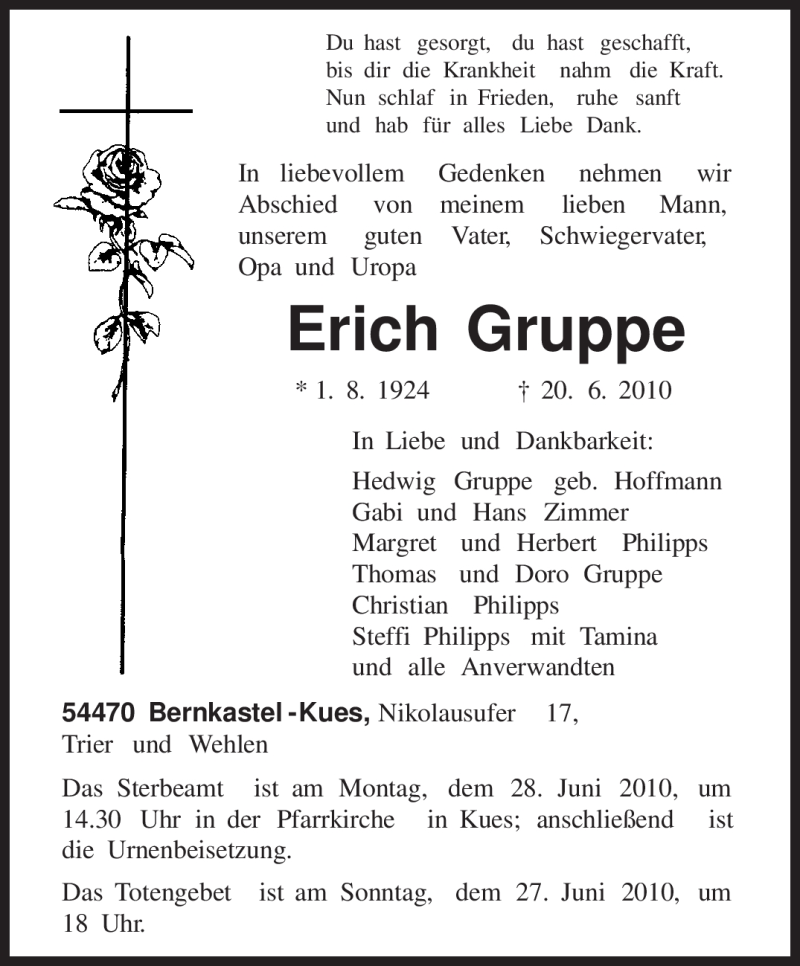  Traueranzeige für Erich Gruppe vom 22.06.2010 aus TRIERISCHER VOLKSFREUND