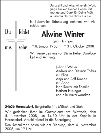 Traueranzeige von Alwine Winter von TRIERISCHER VOLKSFREUND